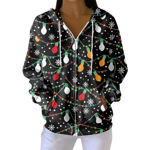Women's Casual Fashion Long-Sleeve Zip-Up Hoodie with Christmas Print, Knitted Pullover for Comfortable Wear and Style,Black,M