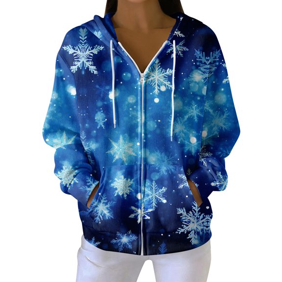 Women's Casual Fashion Long-Sleeve Zip-Up Hoodie with Christmas Print, Knitted Pullover for Comfortable Wear and Style,Blue,S