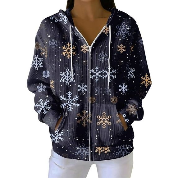 Women's Casual Fashion Long-Sleeve Zip-Up Hoodie with Christmas Print, Knitted Pullover for Comfortable Wear and Style,Dark Blue,M