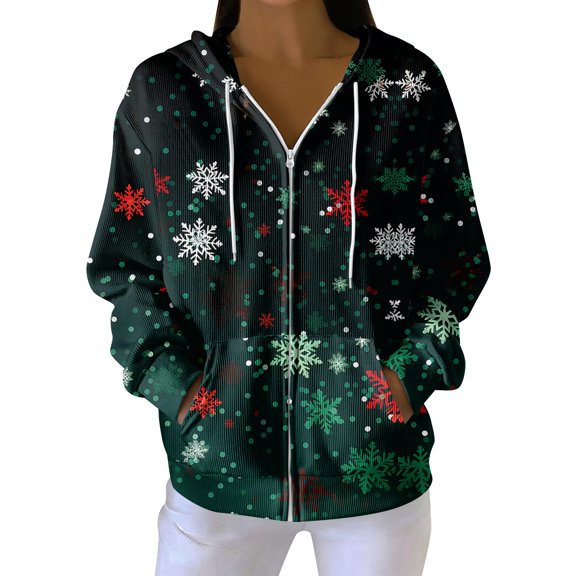 Women's Casual Fashion Long-Sleeve Zip-Up Hoodie with Christmas Print, Knitted Pullover for Comfortable Wear and Style,Dark Green,S