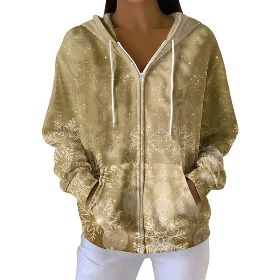 Women's Casual Fashion Long-Sleeve Zip-Up Hoodie with Christmas Print, Knitted Pullover for Comfortable Wear and Style,Gold,L