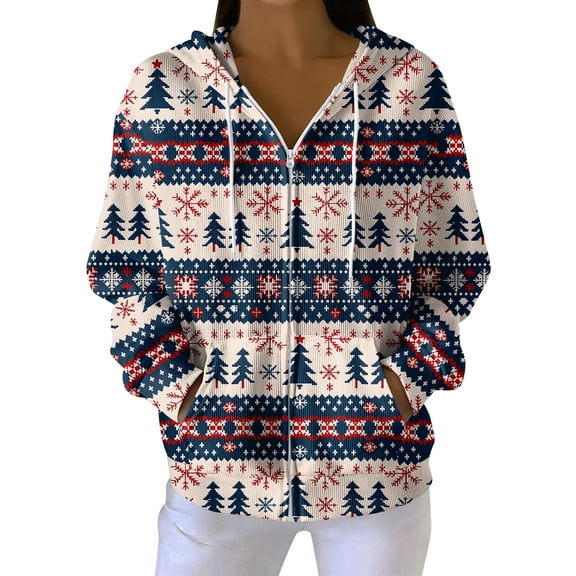 Women's Casual Fashion Long-Sleeve Zip-Up Hoodie with Christmas Print, Knitted Pullover for Comfortable Wear and Style,Khaki,M