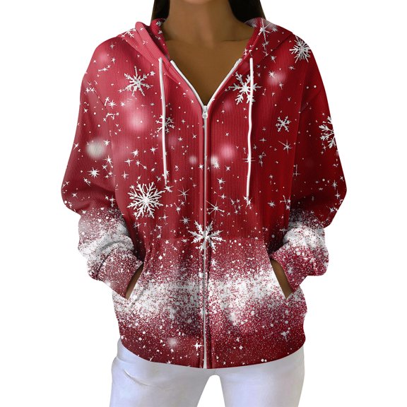 Women's Casual Fashion Long-Sleeve Zip-Up Hoodie with Christmas Print, Knitted Pullover for Comfortable Wear and Style,Wine,M