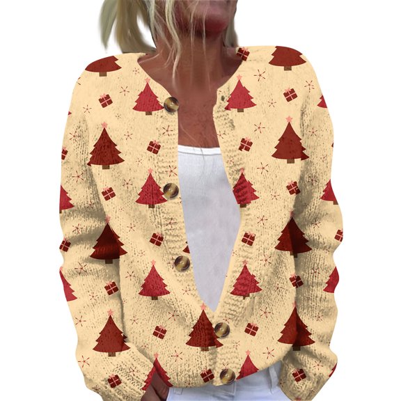 Women's Casual Fashion Long-Sleeved Top Christmas Print Cardigan With Button-Front Jacket for Holiday Outfits and Seasonal Style,Yellow,S