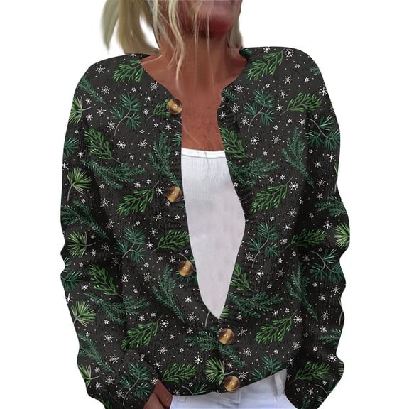 Women's Casual Fashion Long-Sleeved Top Christmas Print Cardigan with Button-Front for Holiday and Everyday Casual Wear,Black,M