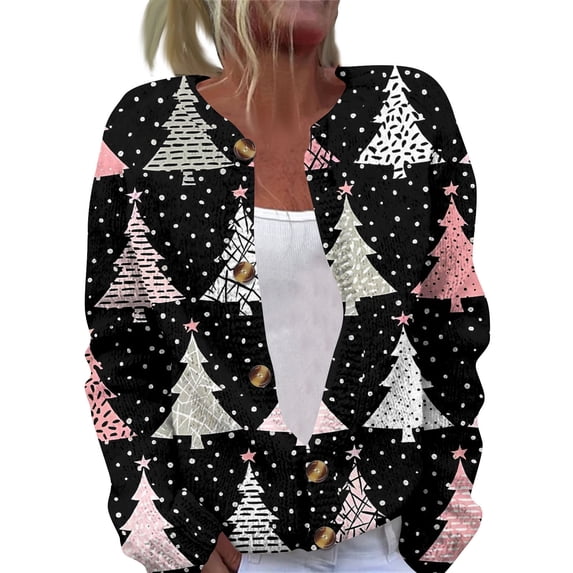 Women's Casual Fashion Long-Sleeved Top Christmas Print Cardigan with Button-Front for Holiday and Everyday Casual Wear,Black,XL