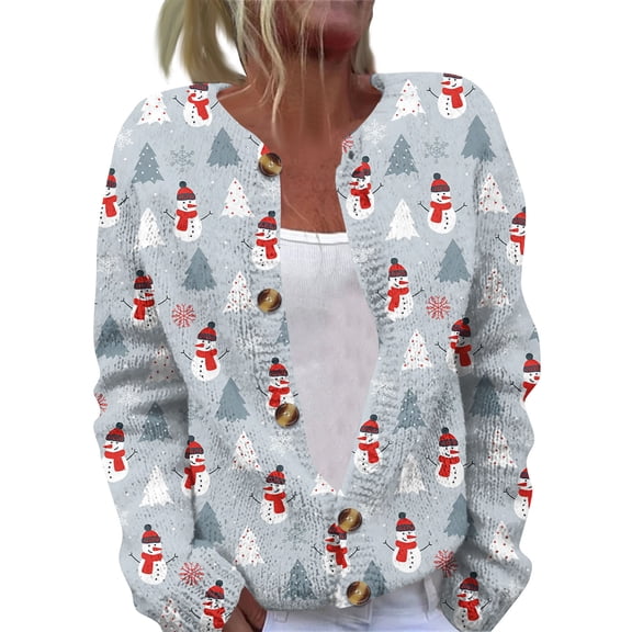 Women's Casual Fashion Long-Sleeved Top Christmas Print Cardigan with Button-Front for Holiday and Everyday Casual Wear,Light Gray,S