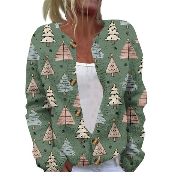 Women's Casual Fashion Long-Sleeved Top Christmas Print Cardigan with Button-Front for Holiday and Everyday Casual Wear,Light Green,3XL