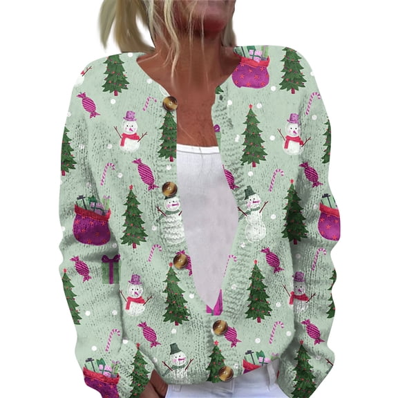 Women's Casual Fashion Long-Sleeved Top Christmas Print Cardigan with Button-Front for Holiday and Everyday Casual Wear,Light Green,L