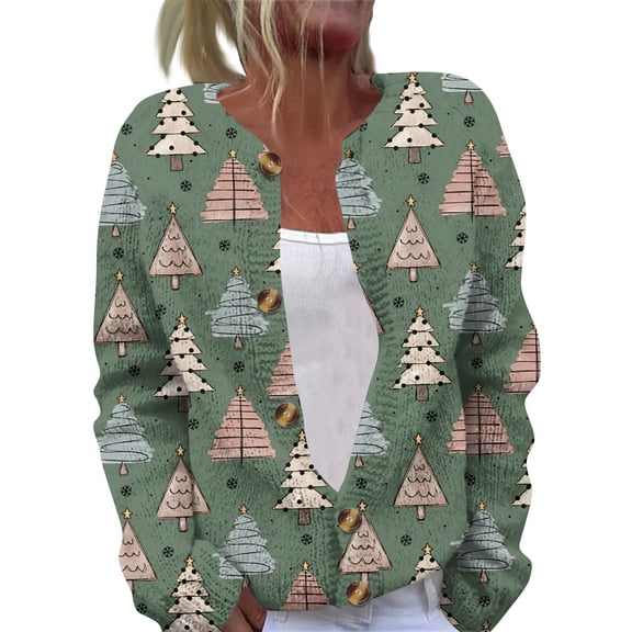 Women's Casual Fashion Long-Sleeved Top Christmas Print Cardigan with Button-Front for Holiday and Everyday Casual Wear,Light Green,S