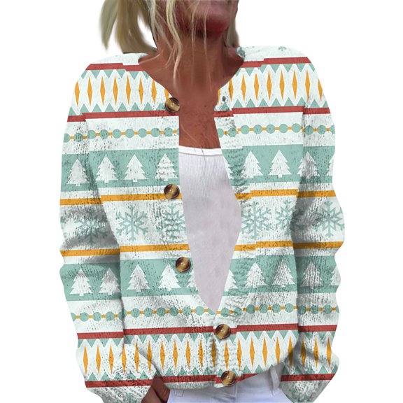 Women's Casual Fashion Long-Sleeved Top Christmas Print Cardigan with Button-Front for Holiday and Everyday Casual Wear,Mint Green,S