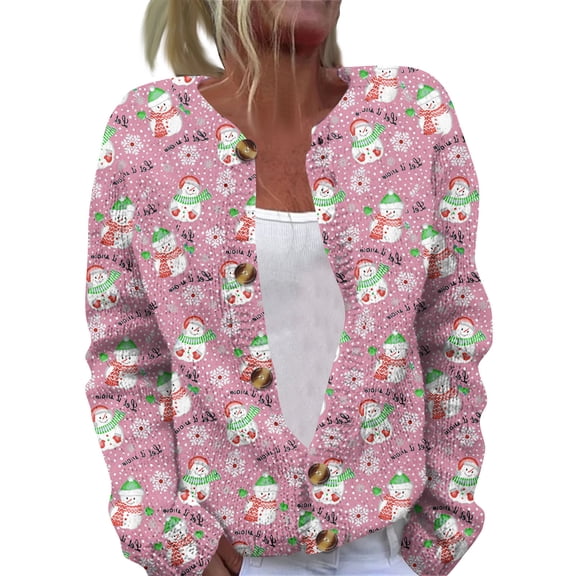 Women's Casual Fashion Long-Sleeved Top Christmas Print Cardigan with Button-Front for Holiday and Everyday Casual Wear,Pink,M