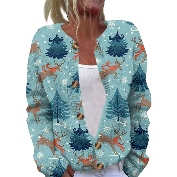 Women's Casual Fashion Long-Sleeved Top Christmas Print Cardigan with Button-Front for Holiday and Everyday Casual Wear,Sky Blue,S