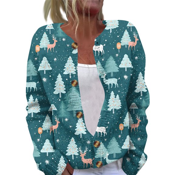Women's Casual Fashion Long-Sleeved Top Christmas Print Cardigan with Button-Front for Holiday and Everyday Casual Wear,Turquoise,M