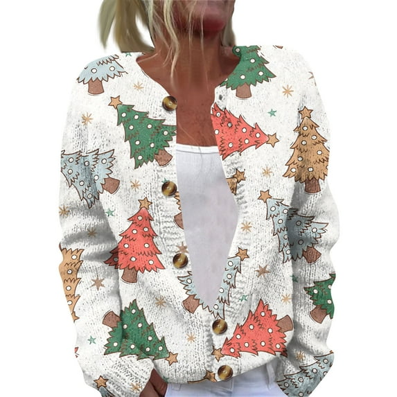Women's Casual Fashion Long-Sleeved Top Christmas Print Cardigan with Button-Front for Holiday and Everyday Casual Wear,White,3XL