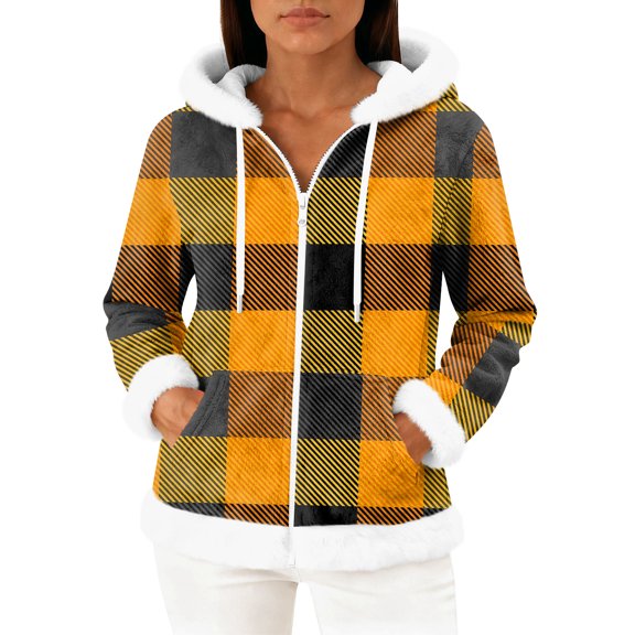 Women's Casual Fashion Long-Sleeved Zip-Up Fleece Hooded Cardigan with Large Plaid Print for Women's Casual Fashion and Apparel,Orange,S