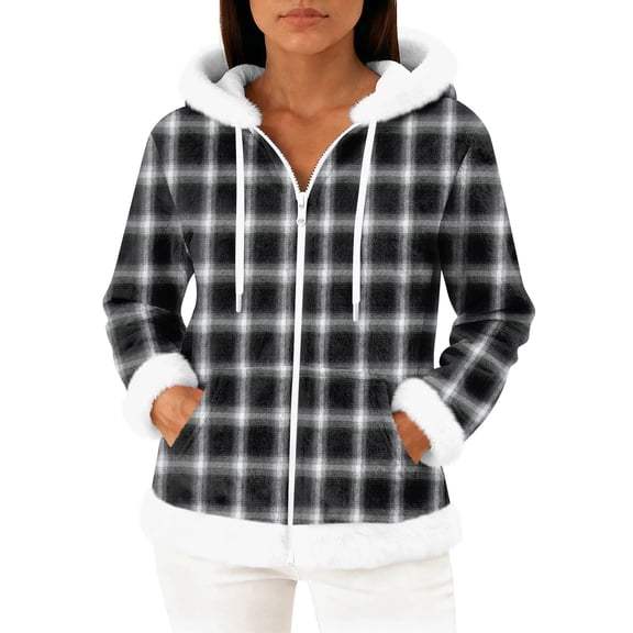 Women's Casual Fashion Long-Sleeved Zip-Up Fleece Hooded Cardigan with Plaid Print for Women's Casual Fashion and Apparel,Black,L