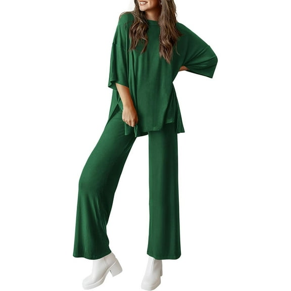 Women's Casual Fashion Loose-Fitting Solid Color Split Round Neck Half SleeveTop And Long Pants Two-Piece Set Tracksuit