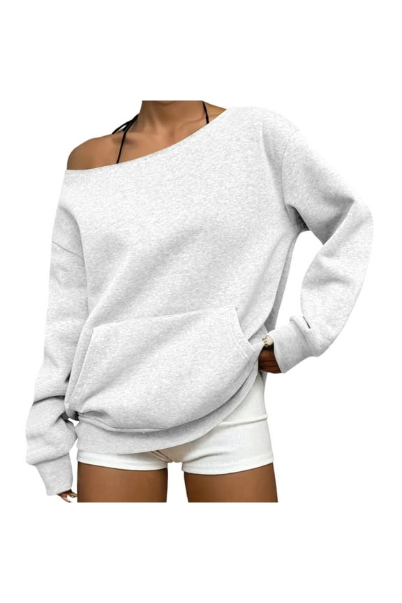 Women's Casual Fashion Loose Pullover Solid Color Off-shoulder Long Sleeved Loose Sweatshirt With Pockets 2025 Fall