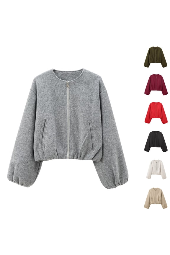 Women's Casual Fashion Loose Solid Color Long-sleeved Jacket, Short Pilot Jacket Tops for Fall and Winter Casual Wear and Daily Outings,Gray,L