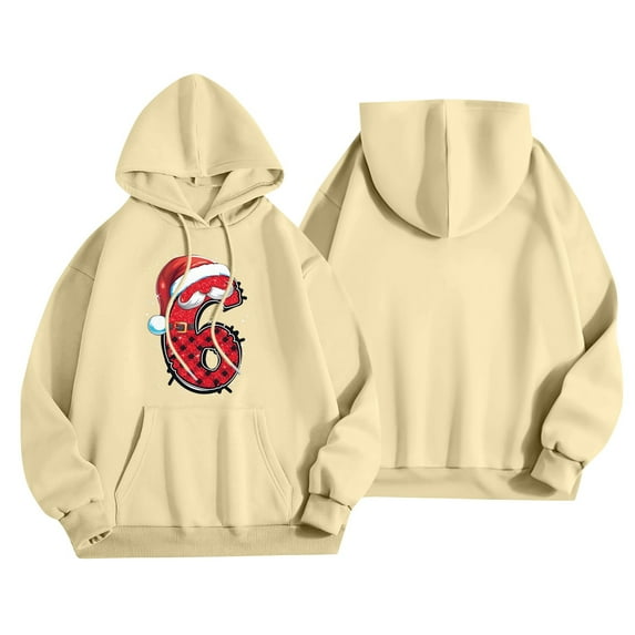 Women's Casual Fashion Outfit Sweatsuit Printed Long Sleeved Casual Hooded Sweatshirt, Christmas Design Loose Fit Pullover, Comfortable Holiday Wear,Beige,XL
