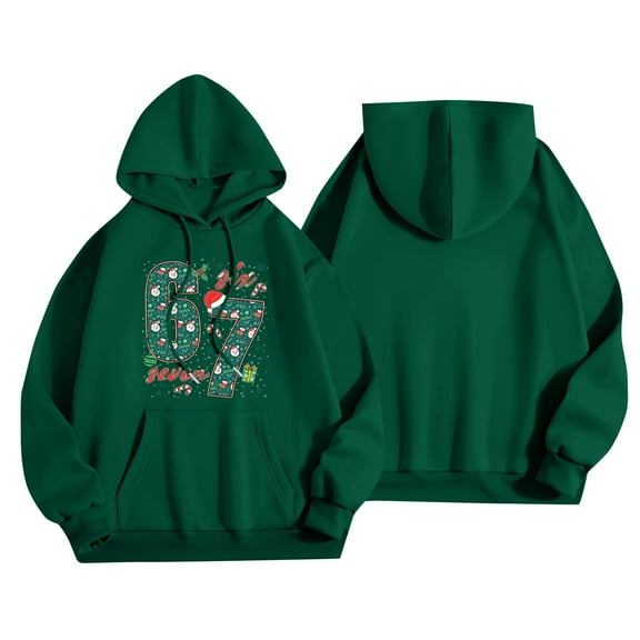 Women's Casual Fashion Outfit Sweatsuit Printed Long Sleeved Casual Hooded Sweatshirt, Christmas Design Loose Fit Pullover, Comfortable Holiday Wear,Dark Green,S
