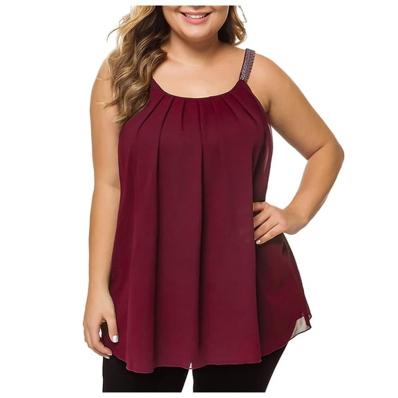Women's Casual Fashion Plus Size Solid Pleated Chiffon Beaded Strap Tank Top 4x Tops Dressy Camisole Women Running Tops for Women Sequin Too Athletic Graphic Tops for Women Baseball Top for Women