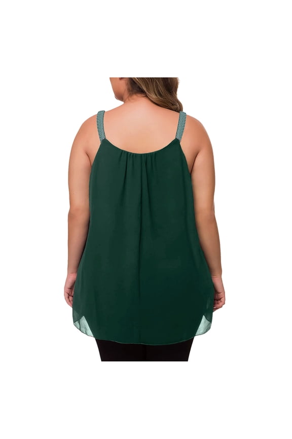Women's Casual Fashion Plus Size Solid Pleated Chiffon Beaded Strap Tank Top