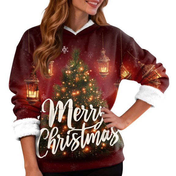 Women's Casual Fashion Plus Velvet Thickened Christmas Print Hooded Sweatshirt for Warm and Comfortable Holiday Season