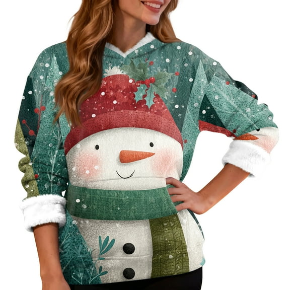 Women's Casual Fashion Plus Velvet Thickened Christmas Print Hooded Sweatshirt for Warm and Comfortable Holiday Season