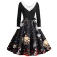 thumbnail image 1 of Women's Casual Fashion Plush V-Neck Christmas Printed Dresses, Holiday Print, Retro Style, Party Dress, Comfort Wear, Festive, Elegant,Black,L, 1 of 3