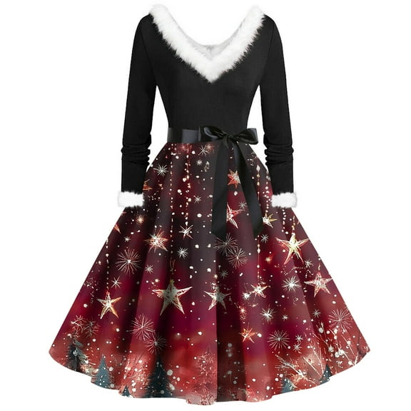 Women's Casual Fashion Plush V-Neck Christmas Printed Dresses, Holiday Print, Retro Style, Party Dress, Comfort Wear, Festive, Elegant,Deep Red,4XL