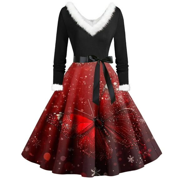 Women's Casual Fashion Plush V-Neck Christmas Printed Dresses, Holiday Print, Retro Style, Party Dress, Comfort Wear, Festive, Elegant,Wine,4XL
