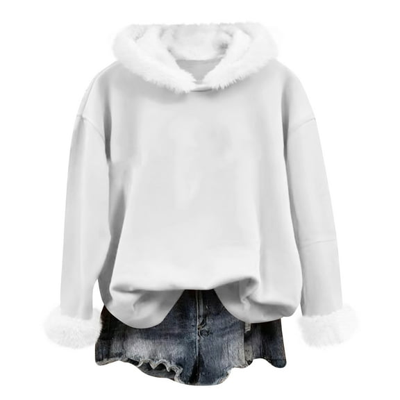 Women's Casual Fashion Print Long Sleeve Hooded Sweatshirt Top for Christmas Season and Everyday Comfortable Wear,White,S