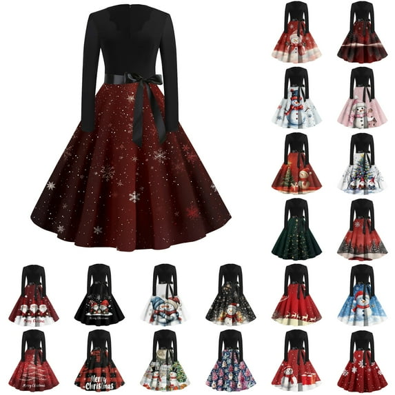 Women's Casual Fashion Print Long Sleeve V Neck Dress with Merry Christmas AI Design, Retro Party Casual Dress for Fall and Winter, Festive and Comfortable Wear,Vermilion,XL