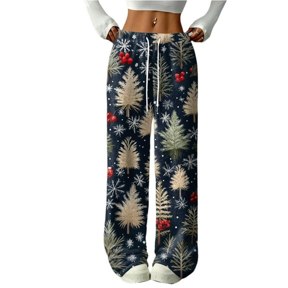 Women's Casual Fashion Printed Elastic Waist Loose Straight Leg Pants with Rope for Cozy and Stylish Home and Outdoor Wear,Navy,S
