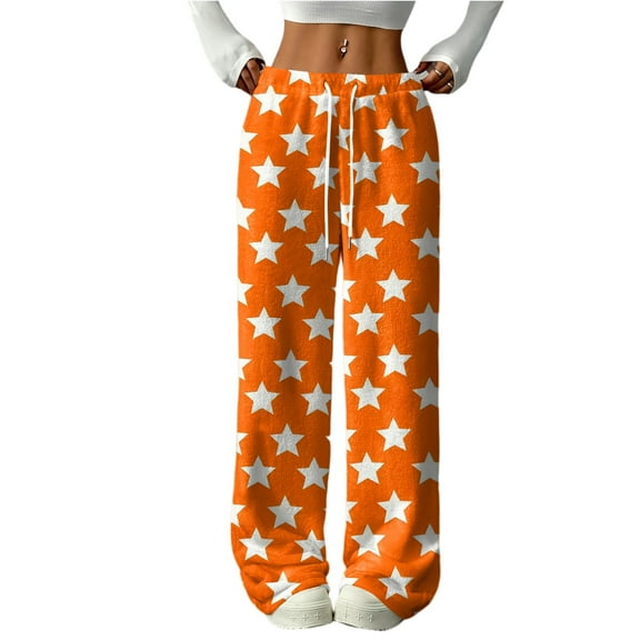 Women's Casual Fashion Printed Elastic Waist Loose Straight Leg Pants with Rope for Cozy and Stylish Home and Outdoor Wear,Orange,S