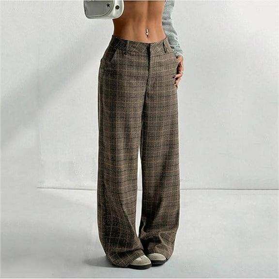 Women's Casual Fashion Printed Plaid Pocket Pants, High Waist Trousers for Women, Daily Comfort Wear,Coffee,M
