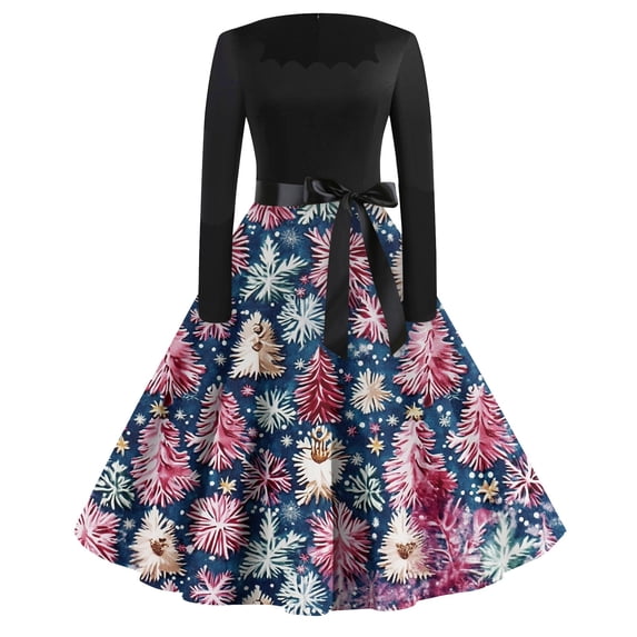 Women's Casual Fashion Printed Retro Square Neck Long Sleeve Dress, AI Christmas Print, Vintage Style, Holiday Dress, Party Wear, Casual,Light Purple,M