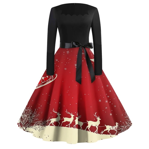 Women's Casual Fashion Printed Retro Square Neck Long Sleeve Dress, AI Christmas Print, Vintage Style, Holiday Dress, Party Wear, Casual,Vermilion,4XL