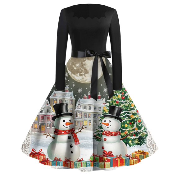 Women's Casual Fashion Printed Retro Square Neck Long Sleeve Dress, AI Christmas Print, Vintage Style, Holiday Dress, Party Wear, Casual,White,4XL