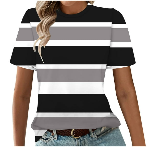 Women's Casual Fashion Printed T-shirt, Short Sleeves, Round Neck, Striped Pattern, Comfortable and Stylish Summer Top, Versatile Blouse for Daily Wear, Casual and Trendy Shirt for Women