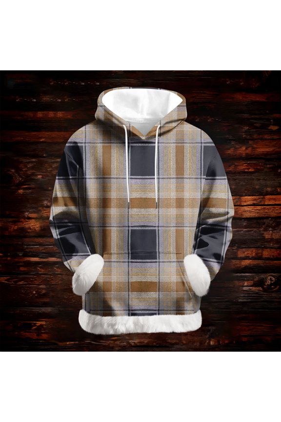 Women's Casual Fashion Retro Grid Print Long Sleeve Hooded Sweatshirt Top Comfort Pullover for Women Loose Fit Streetwear,Camel,XL