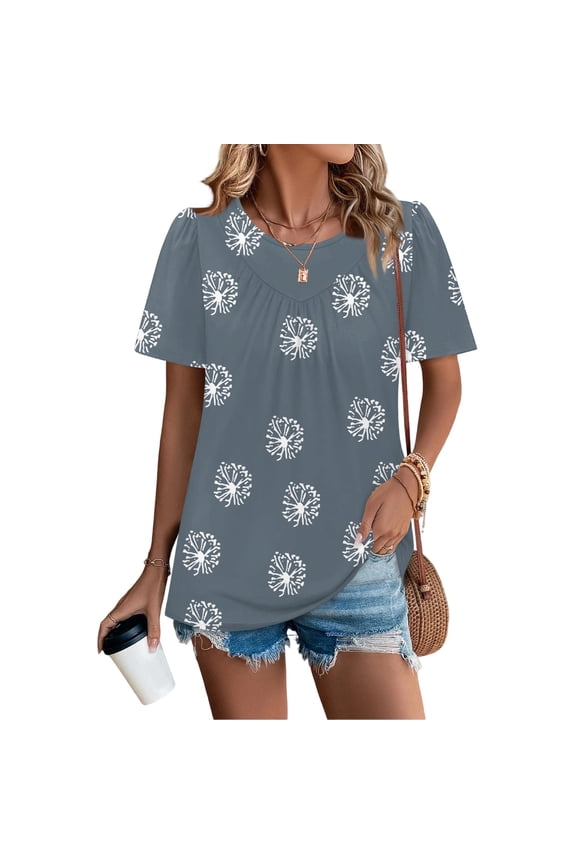 Women's Casual Fashion Round Neck Floral Printed Pleated Short Sleeve T-Shirt Top, Spring Summer Blouse with Flower Pattern and Pleated Design,Blue,M