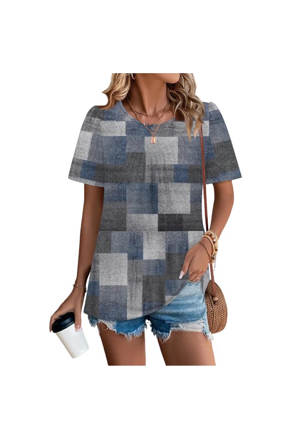 Women's Casual Fashion Round Neck Floral Printed Pleated Short Sleeve T-Shirt Top, Spring Summer Blouse with Flower Pattern and Pleated Design,Gray,M