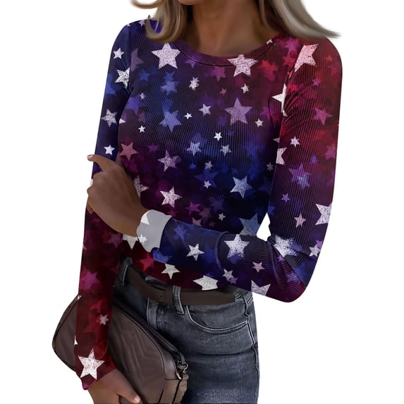 Women's Casual Fashion Round Neck Independence Day Print Long Sleeve Ribbed Top Deep Red S