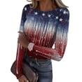 thumbnail image 1 of Women's Casual Fashion Round Neck Independence Day Print Long Sleeve Ribbed Top Wine S, 1 of 6