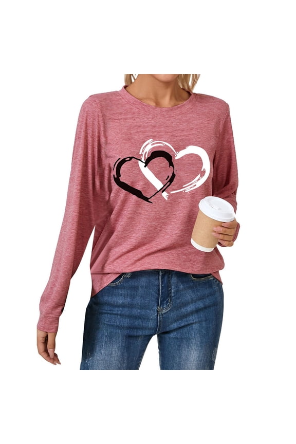Women's Casual Fashion Round Neck Long Sleeve T Shirt For Valentine's Day Comfortable And Trendy Base Layer Top. Ideal For Everyday Wear. Fit Mom Workout Shirts Loose Tech Pack Women Short Sleeve Tops