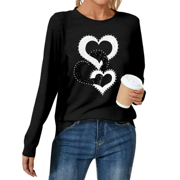 Women's Casual Fashion Round Neck Long Sleeve T Shirt For Valentine's Day Comfortable And Trendy Base Layer Top. Ideal For Everyday Wear. Women T Shirts Loose Womens Long Sleeved Tees Womens Long