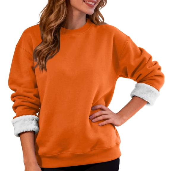Women's Casual Fashion Round Neck Pullover Top Winter Solid Color Plush Sweatshirt, Ideal for Home Wear and Fall Season, Soft and Comfortable,Saffron,L